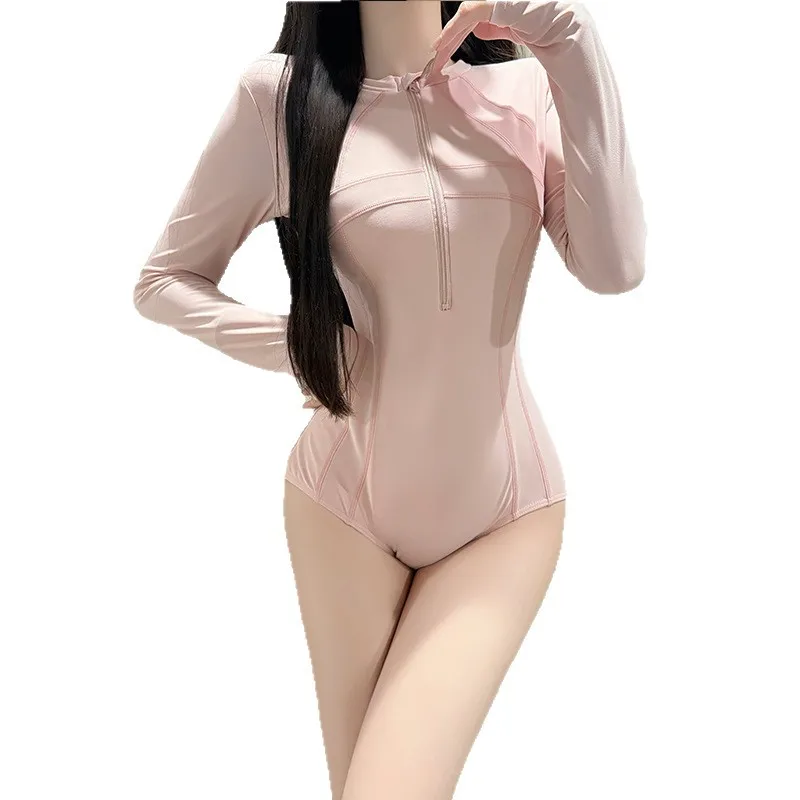 Sexy Korean fashion zipper plain swimsuits long sleeve bodysuits swimwear bathing suits beach outfits tankini biquini trikini