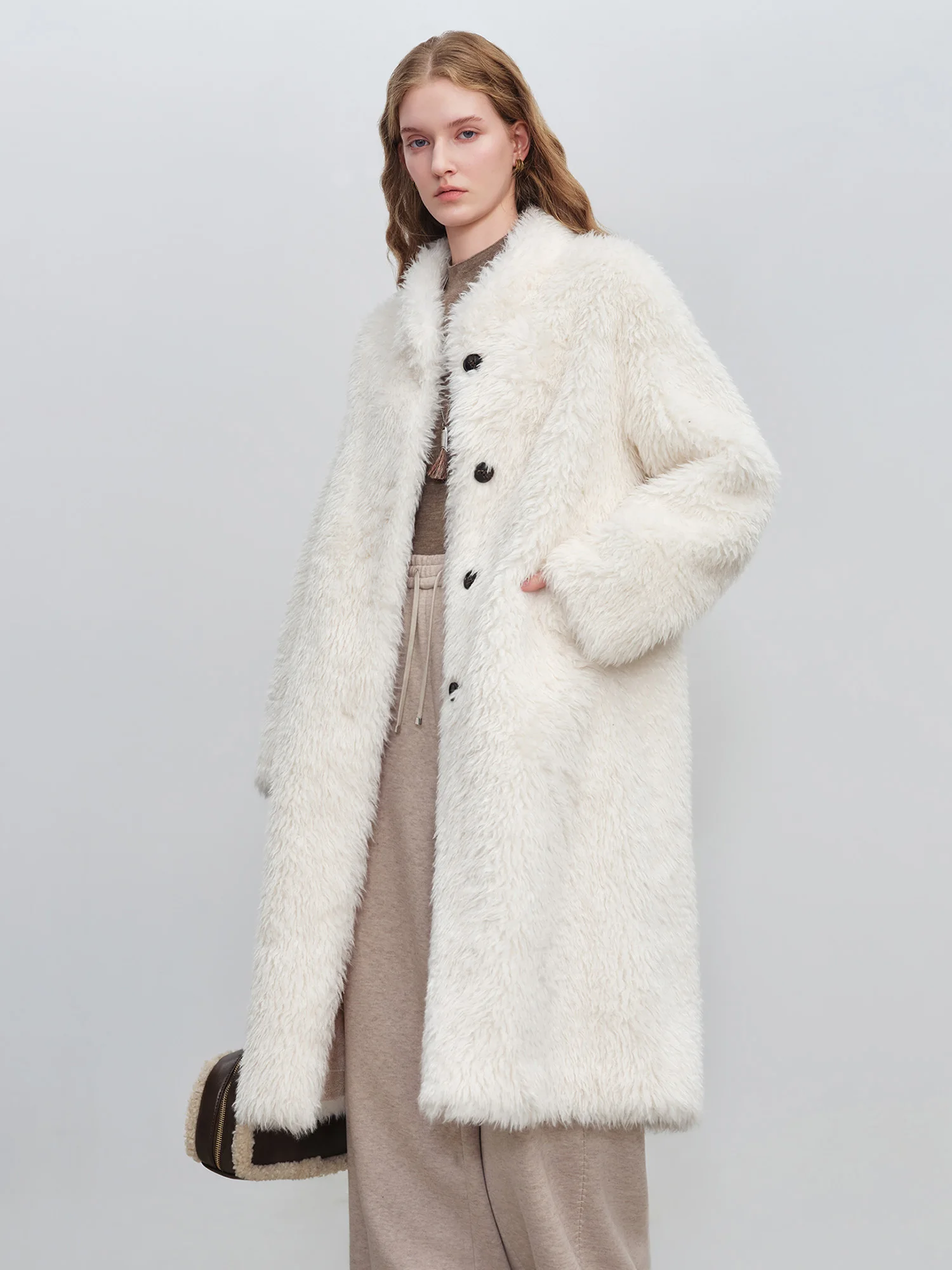 ZIQIAO Petite Women's Mid-Length Stand Collar Korean Style White Duck Eco-Friendly Faux Fur Coat 2025 Winter New Arrival Coats