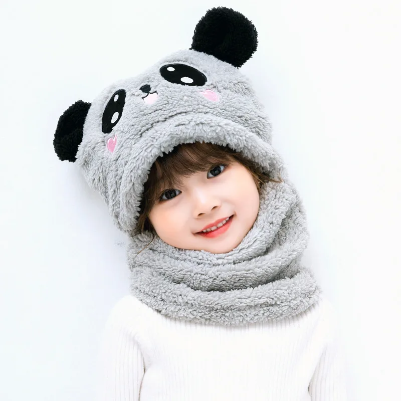 Cartoon Children Hat Scarf Two-piece Hooded Autumn and Winter Cute Rabbit Panda Hat Winter Keep Warm Fluff Thicken Neck Scarf