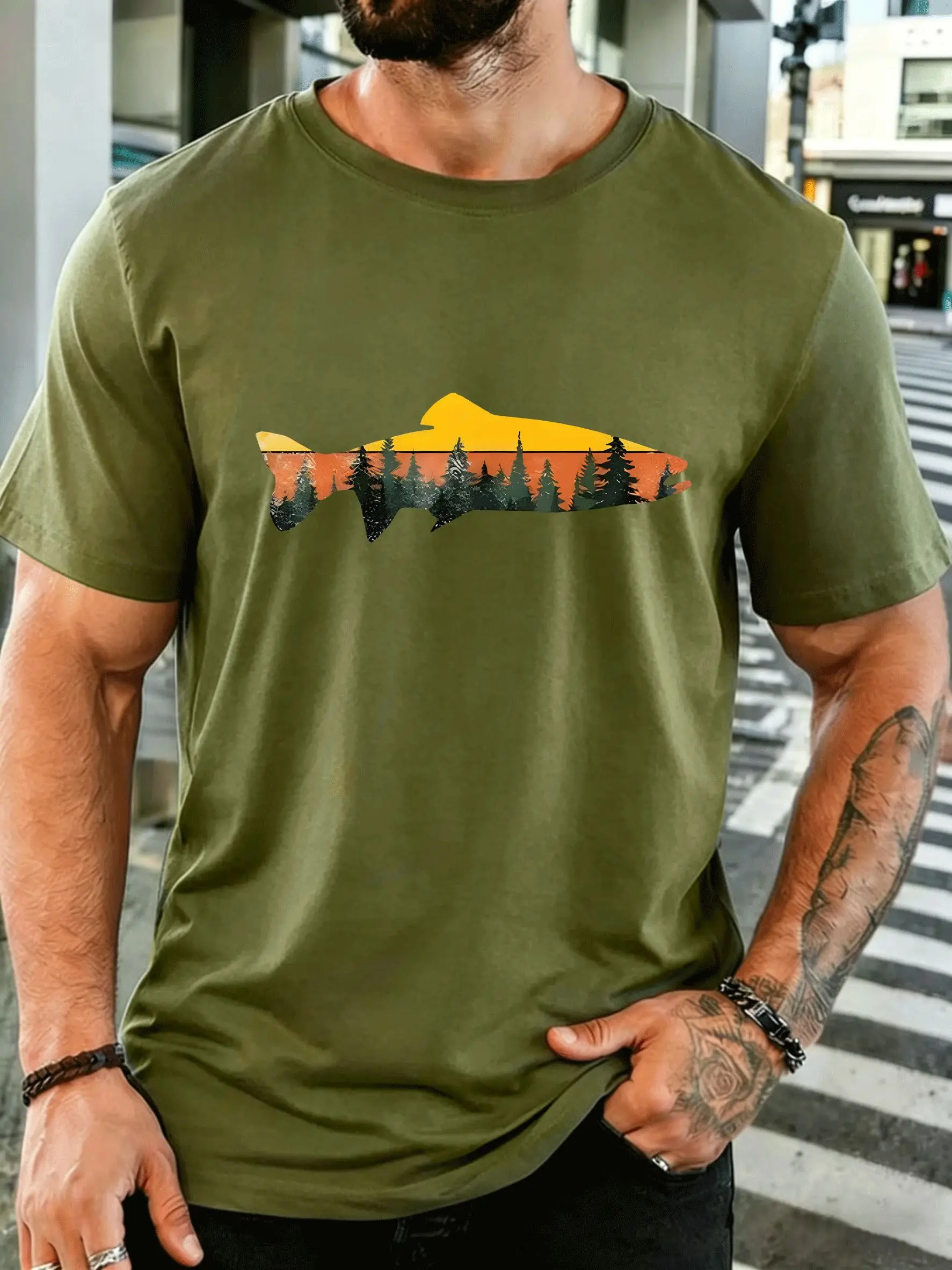 Trout Fish Silhouette Forest Sunset Mens Front Print T Shirt Fishing Nature Graphic Tee Casual Short Sleeve Top Fisherman Gift