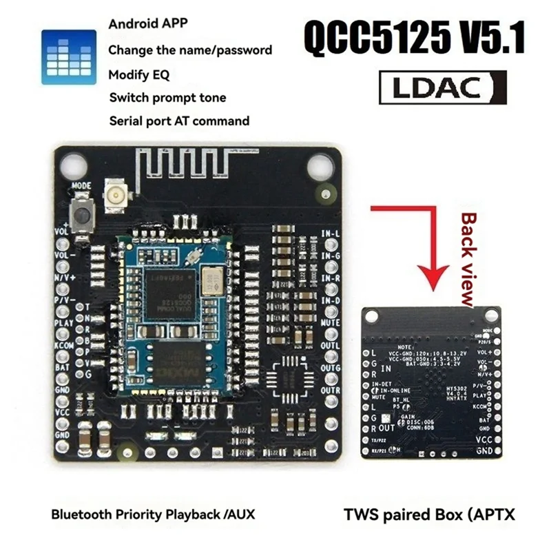 ABJF-QCC5125 V5.1 Placa Bluetooth LDAC Lossless Com AUX AAC/APTX/APTXLL/APTXHD/LDAC APP Mudança Nome Senha EQ