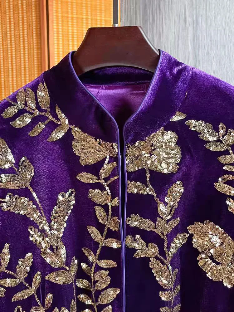 Autumn 2024 New Stand up Collar Superior Quality Hidden Button Super Beautiful Velvet Sequin + Embroidery Jacket Women S-XL