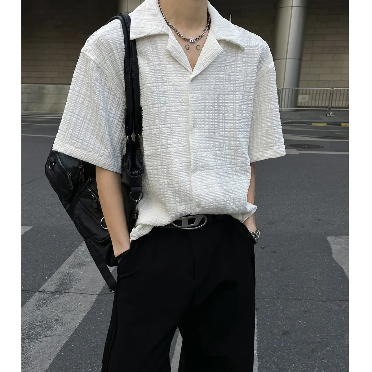 Mens Loose Fit Suit Collar Shirt Cool Comfort Advanced Fabric Summer Casual Trendy Breathable Stylish Modern Streetwear Design