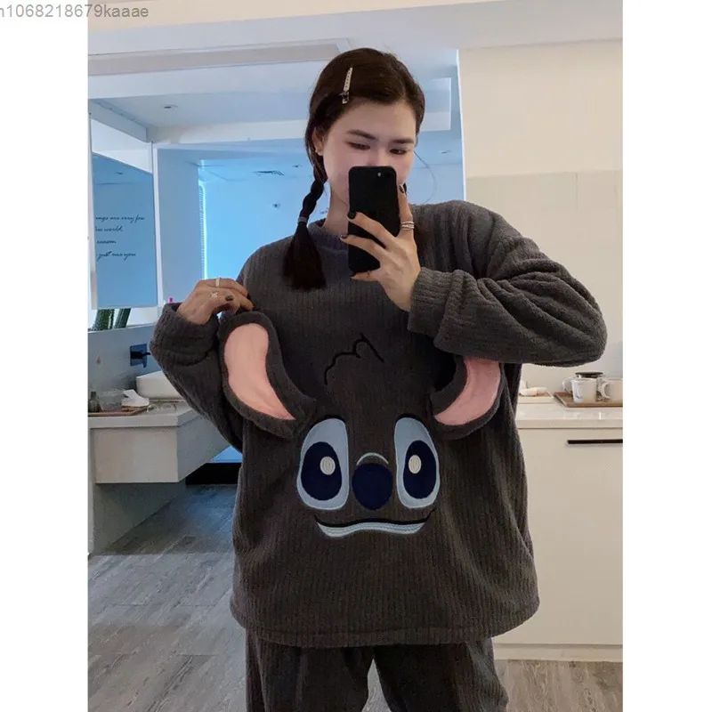 Stitch Korean Style Round Neck Pajamas For Women And Men Winter Plush Thick Trend Sleepwear Set Loose Casual Couple Home Clothes