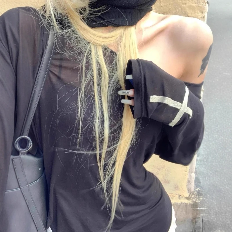 2025 Gothic Retro Sweet Street Fashion Casual Women's Top Harajuku Cross Print Punk Slim Fit Long Sleeve T-shirt Y2K Clothing