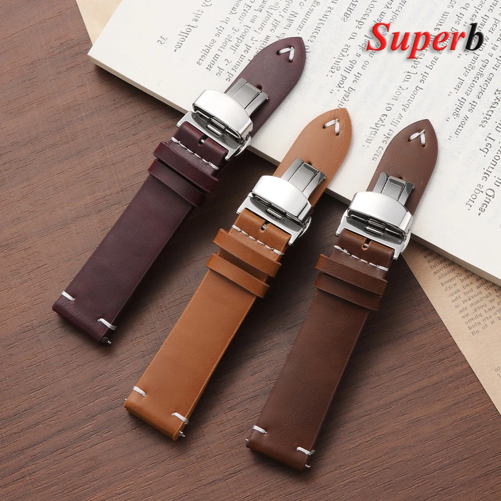 خمر النفط الشمع بولي Leather الجلود حزام الساعات 18 مللي متر 20 مللي متر 22 مللي متر معصمه خياطة حزام لأوميغا ل Seiko حزام (استيك) ساعة فراشة المشبك