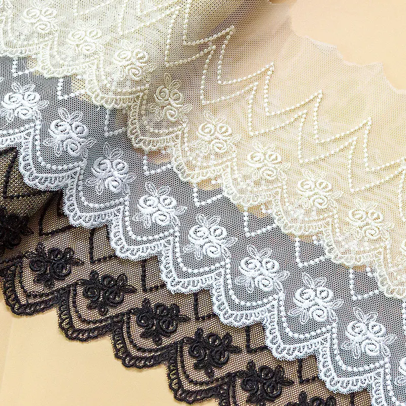 Embroidered Flower Tulle Lace Trim, Sewing Craft, DIY Trimming Decor, Delicate White, Black, Beige, Cotton, 10cm Wide, 2 Yards