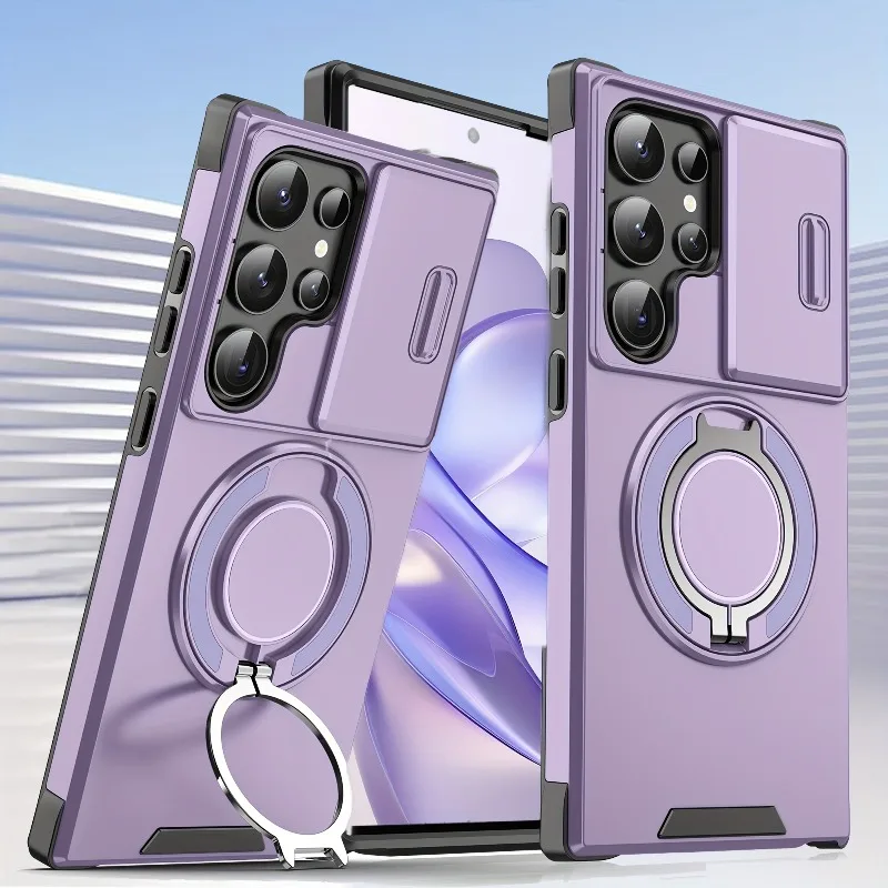 Magnetische Armor-Halterungshülle für Samsung S26 S25 S24 S23 S22 S21 S20 Ultra Plus S24 FE mit Schiebekameraschutz und Stoßfestigkeit