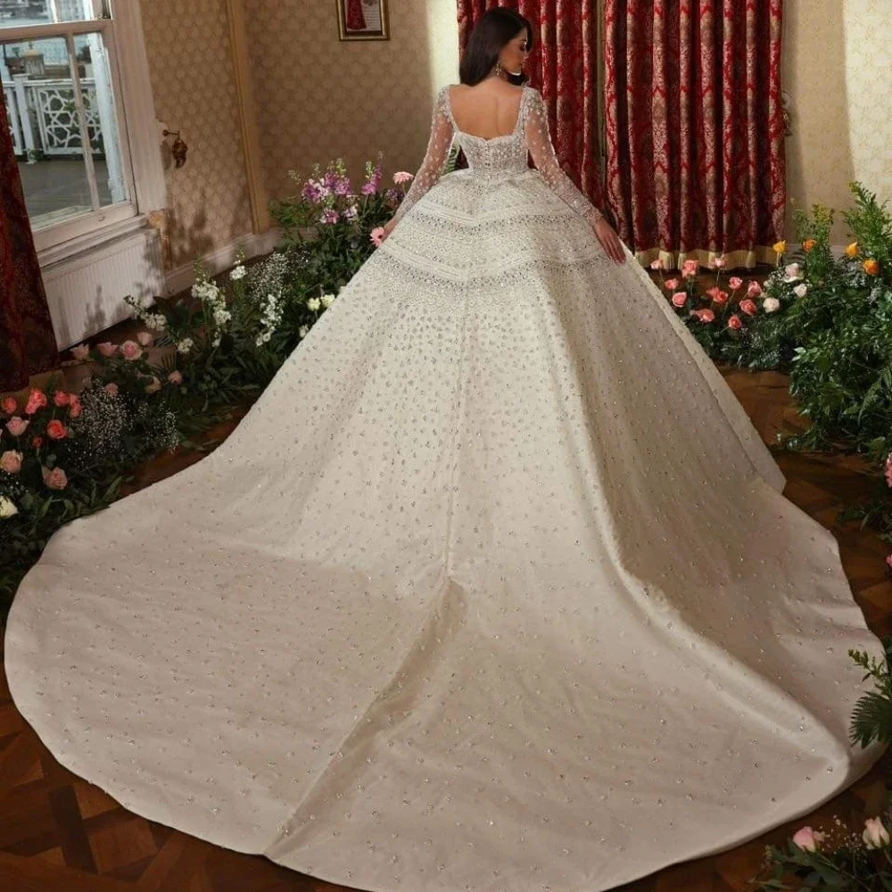 Flavinke personalizado brilhante frisado rendas apliques vestidos de casamento linda ilusão manga longa vestidos de noiva para noiva