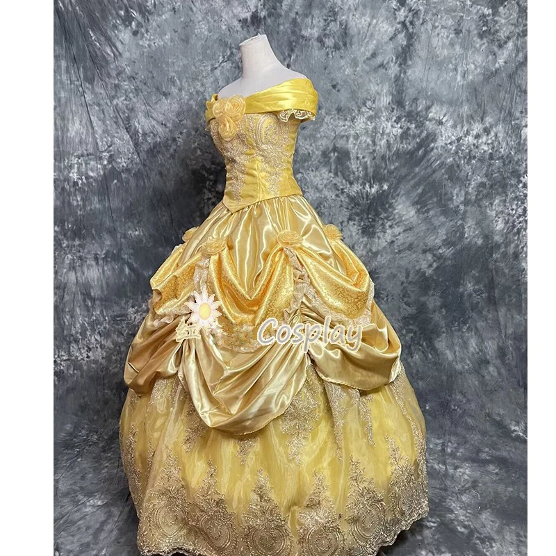 New Arrival Luxury Princess Dress Halloween Carnival Party Belle Dress Cosplay Costume Lace Up Yellow Fancy Dress