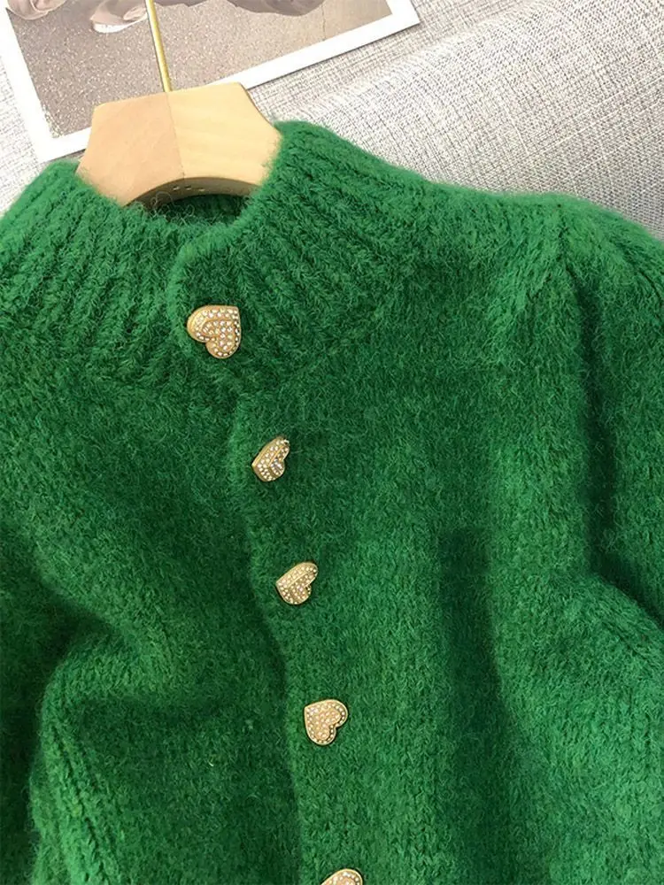 Green Knitted Cardigan  Sweaters Autumn Half High Collar Sweet Casual  Korean Fashion Winter New Casual Jacket