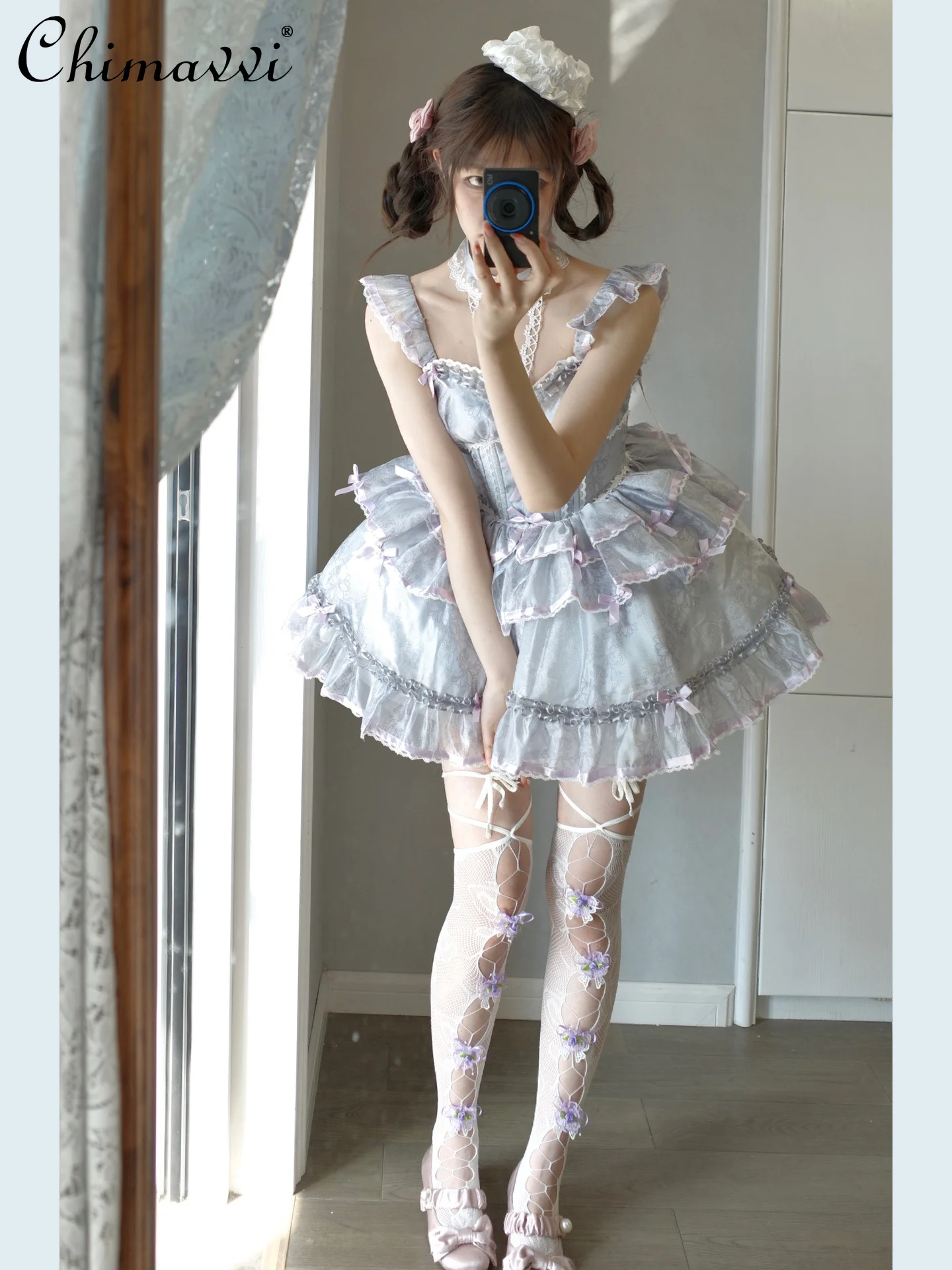 Grey Purple Ballet Style Lolita Dresses Women New 2024 Summer Girl JSK Sweet Bow High-waist Short Ball Gown Princess Dresses