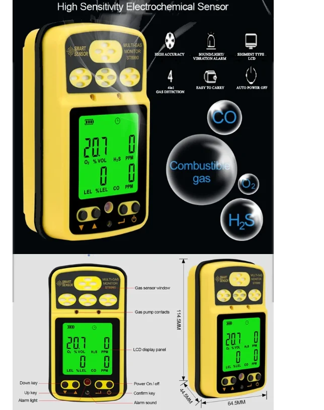 Detector O2 H2S CO Combustible Gas Tester High Accuracy Sensor LCD 4in1 Professional Air Quality Monitor ST8990