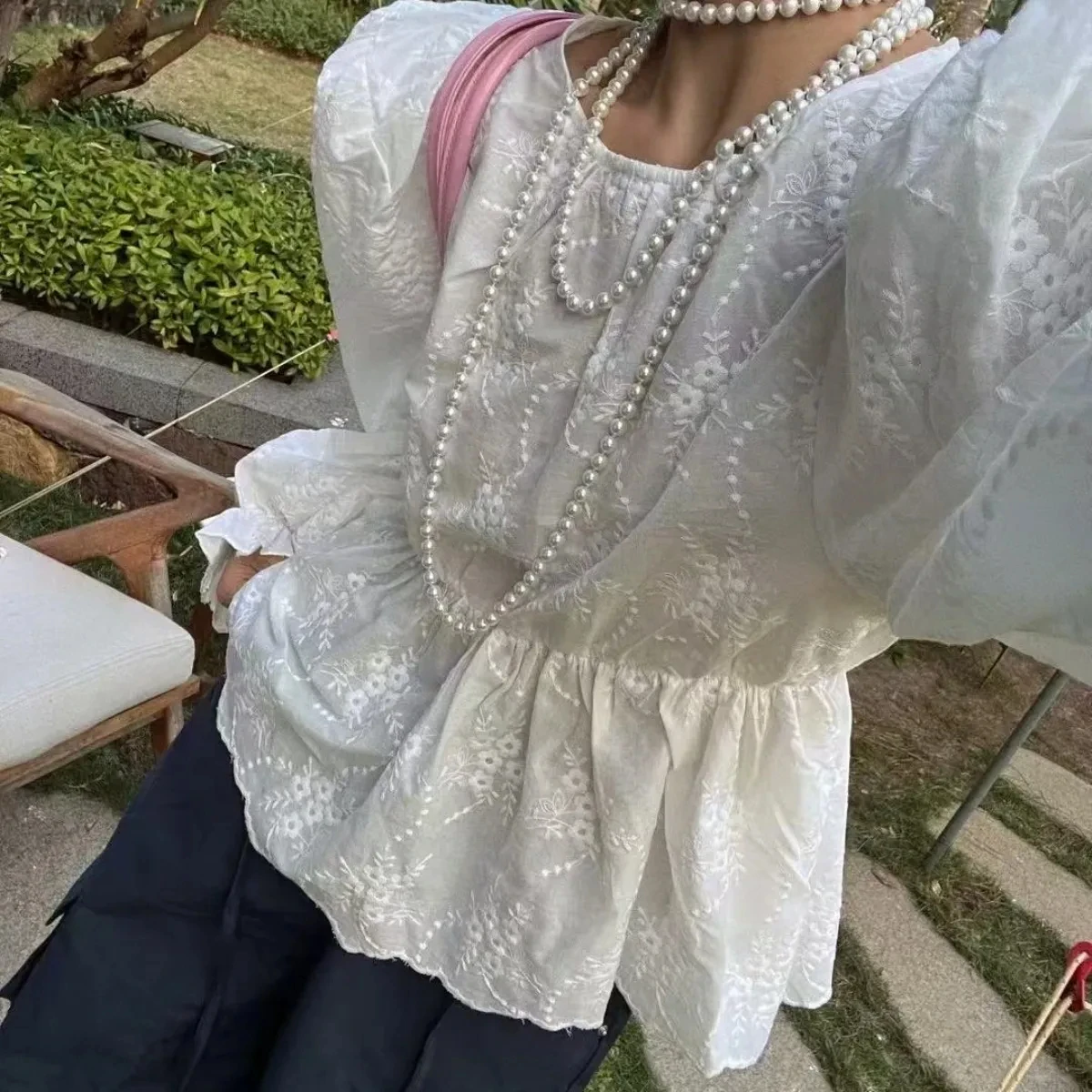 Blusa feminina estilo coreano em torno do pescoço bordado babados cintura pura colheita topo outono novo simples camisas de manga longa senhora