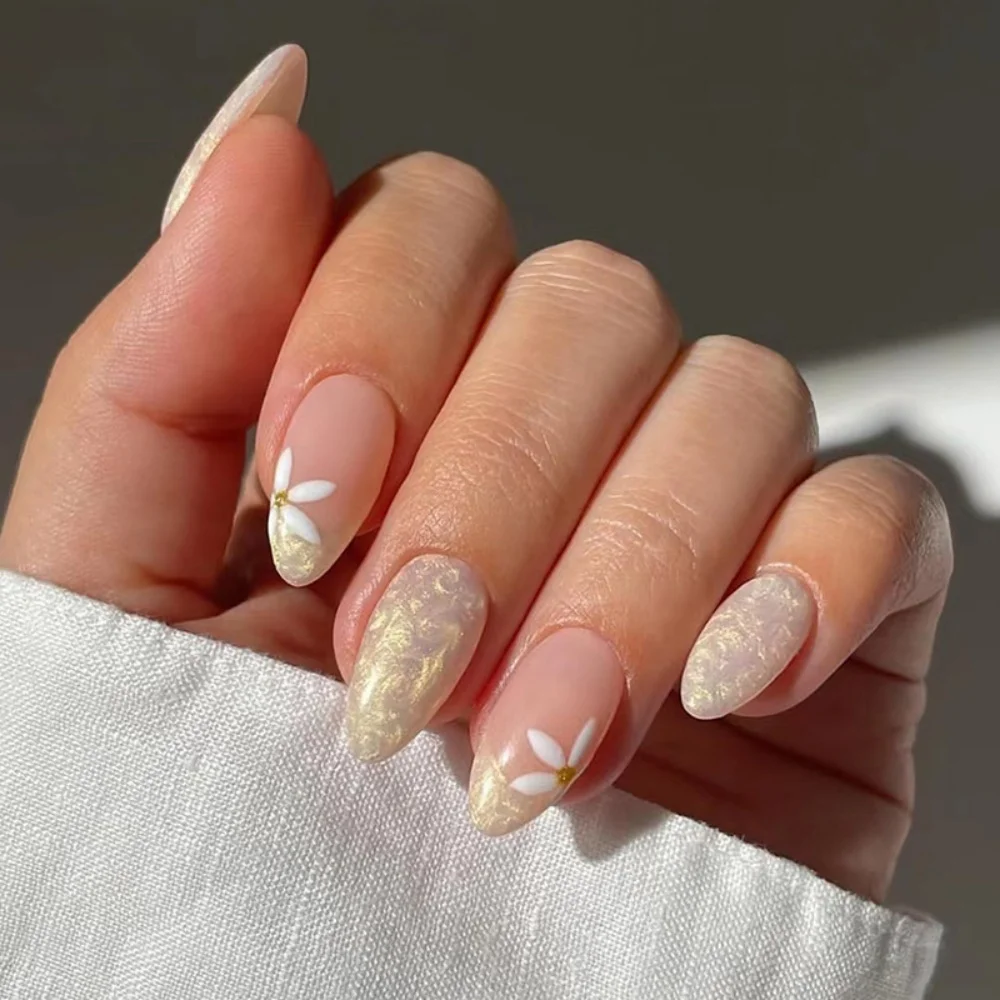 Faux Ongles Français Longs Dorés N64.souhaits-on, Design Nude Simple, Ensemble de Manucure Fini Amande, Détachable, 24 Pièces