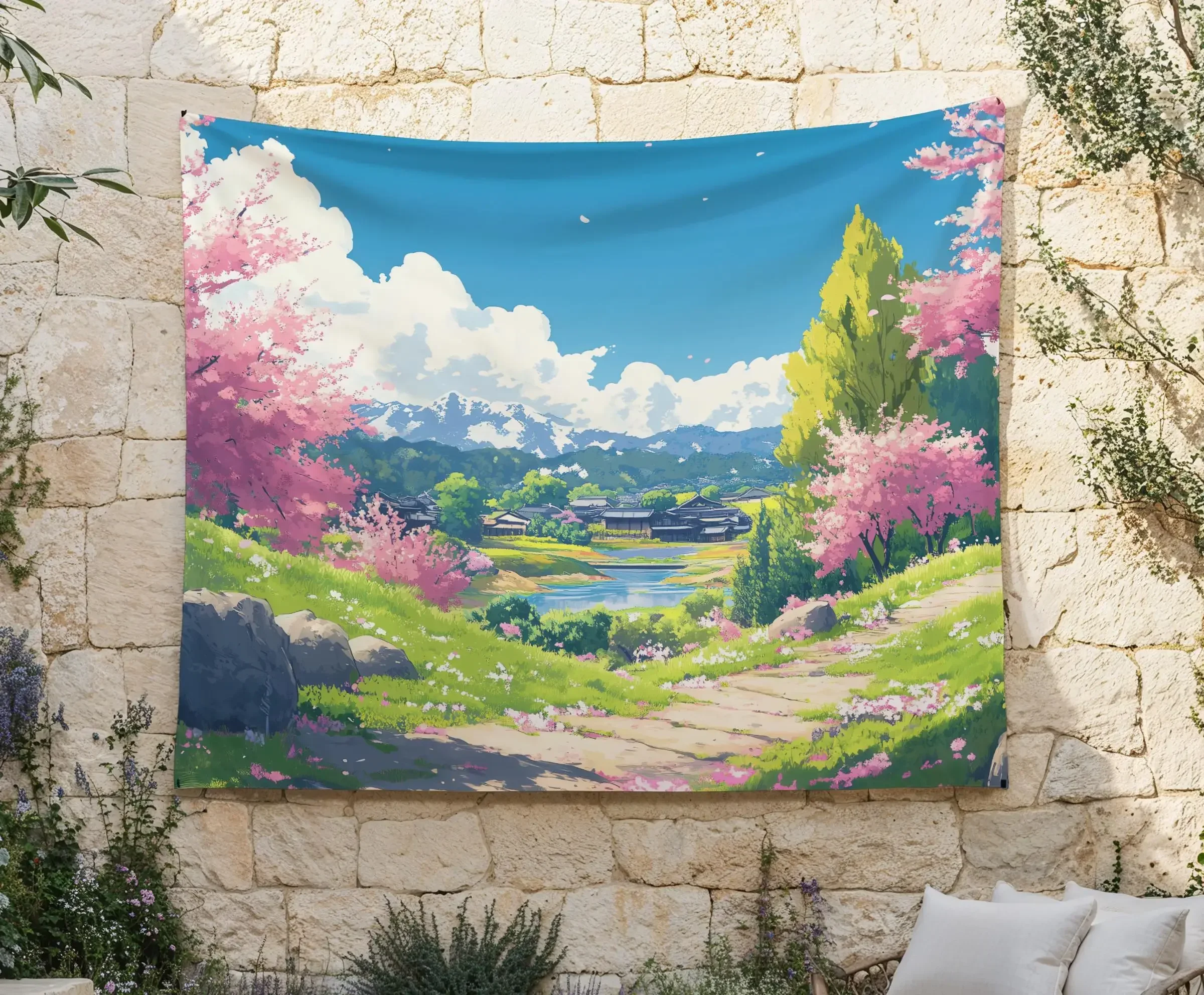 Healing Anime Sakura Village Tapestry Fresh Japanese Background Cloth Living Room Decoration Room Decoration