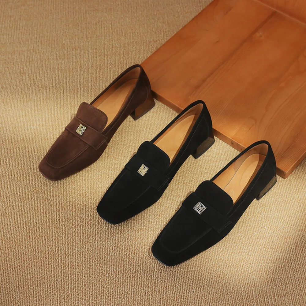 2024 New Women\'s Suede Loafers Brown Square Toe Flat Shoes For Women Genuine Leather Shallow Mouth Commuter Daily Casual Shoes