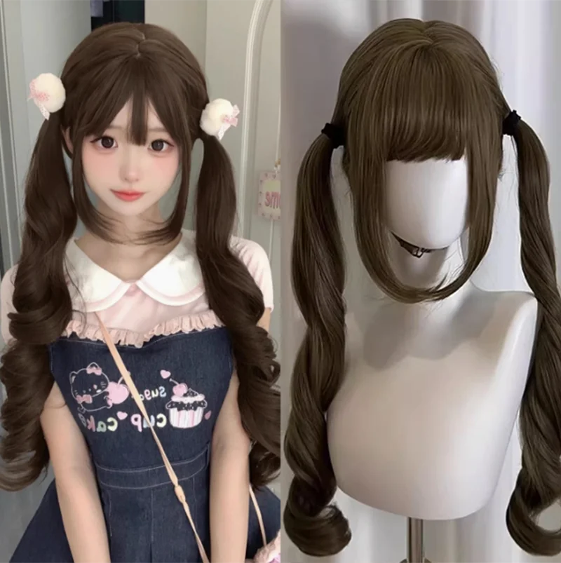 Brown Hair Long Wavy Wigs for Women Natural Hair Synthetic Lolita Double Ponytail Roman Curly Wigs Daily Cosplay Heat Resistant