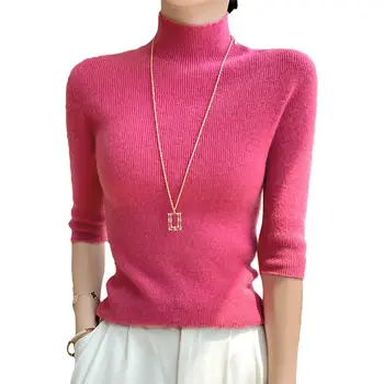 Maglione lavorato a maglia slim fit con collo alto e maniche a cinque, capospalla da donna, aderente, con base in maglia abbinata, autunno inverno, nuovo stile 6 best sales Crema superiore - №3