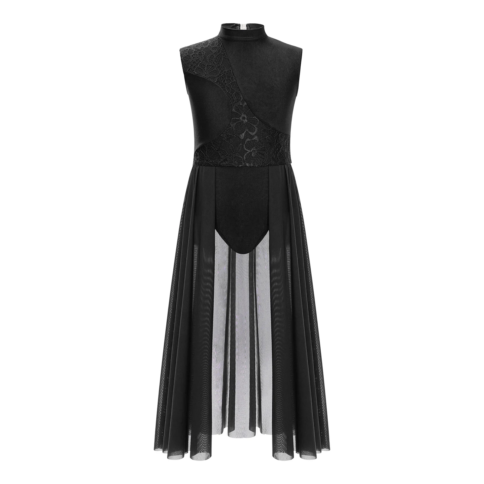 Girls Modern Lyrical Dance Dress Floral Lace Sleeveless Mesh Skirted Leotard for Ballet Figure Skating Gymnastics Performance