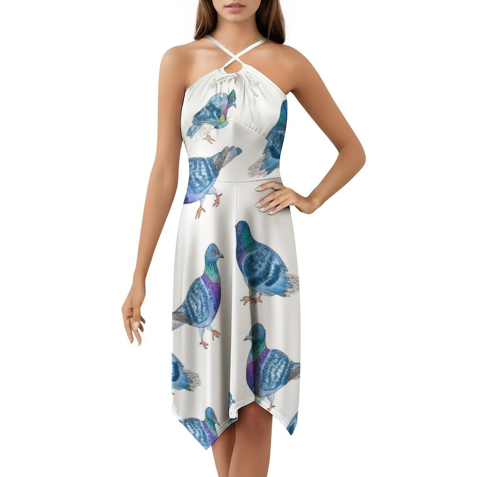 Robe smockée florale de Pigeons peints par l'eau pour femmes, tenue décontractée de printemps et d'été pour fête, motif aquarelle de Pigeons