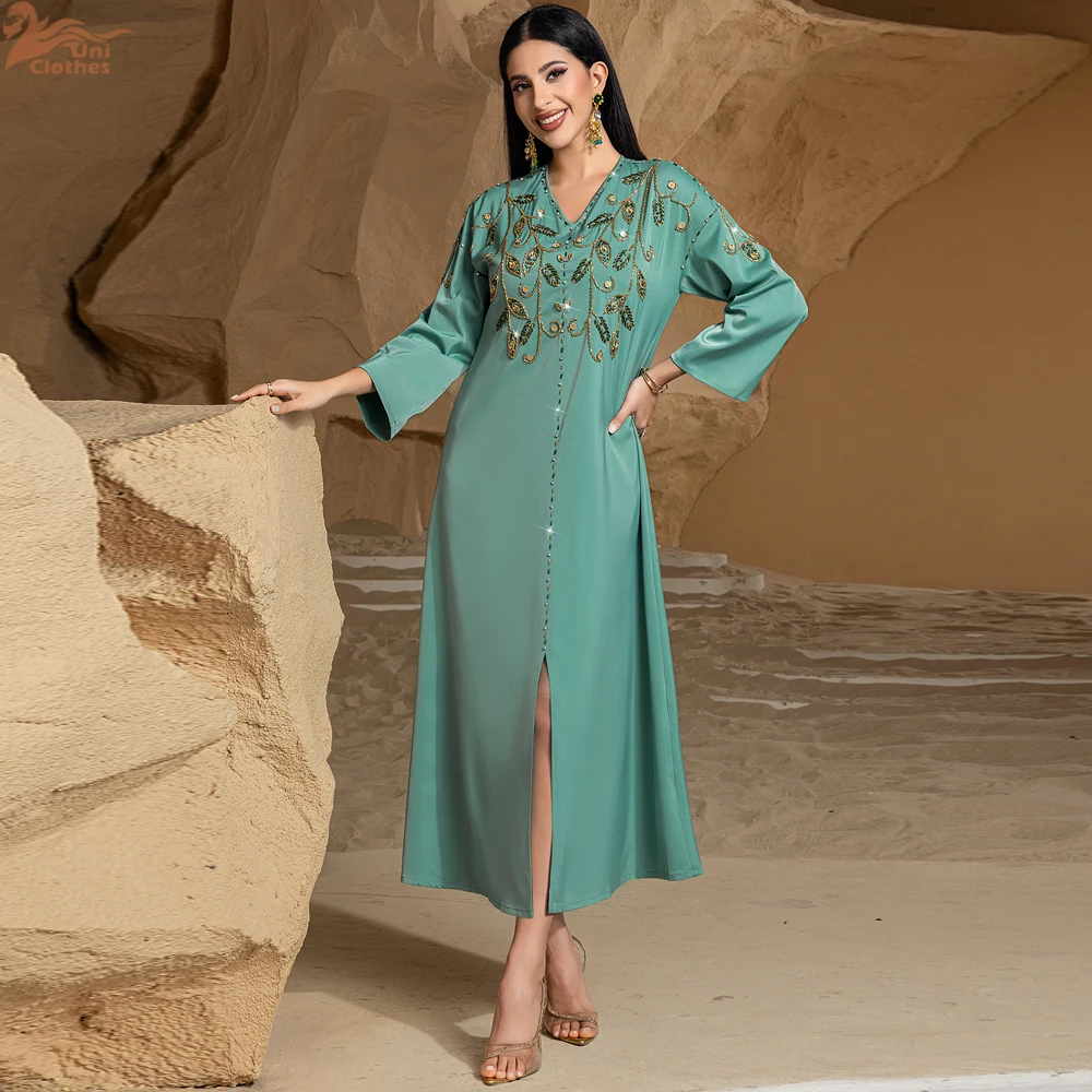 New Beaded Luxury Women Abayas Split Hem Morocco Saudi Rhinestone Decorated Luxury Woman Evening Dress