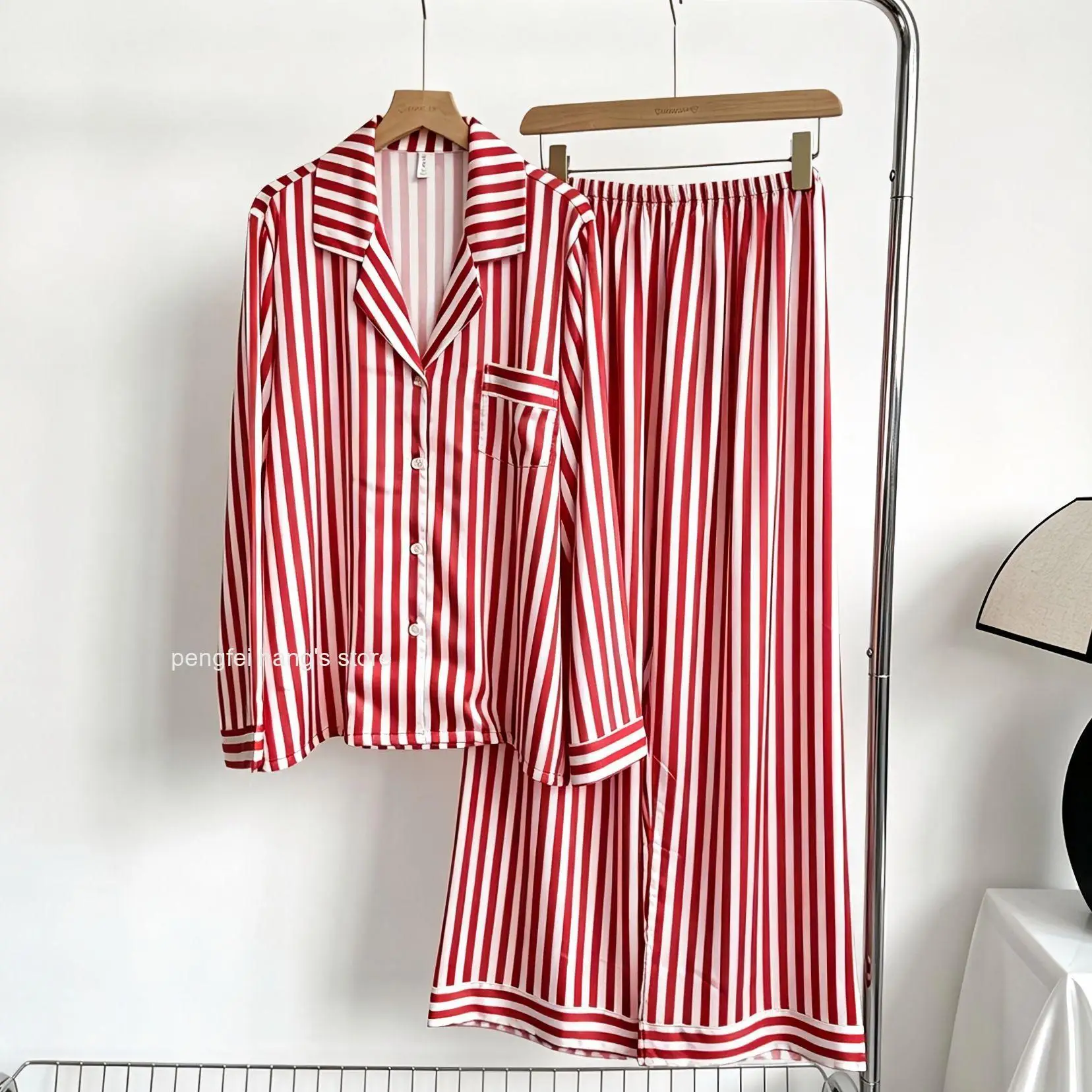 Women Spring Autumn Striped Ice Silk Pajama Set Lapel Collar Cardigan Long Sleeve Long Pants Loose Korean Style Homewear 2