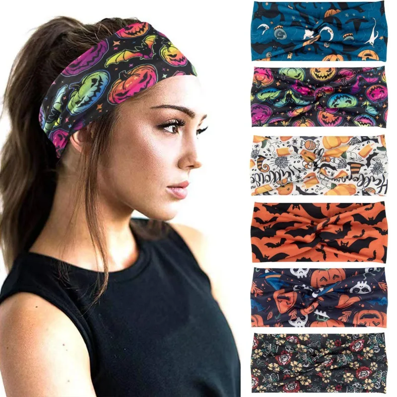 Diadema ancha con estampado bohemio de calavera y calabaza para mujer, diadema elástica anudada para Halloween, accesorios para el cabello para correr y Yoga