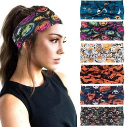 Bohemian Printed Skull Pumpkin Grimace Halloween Wide Headband Knotted Elastic Headband Yoga Running Hair Accessories for Women