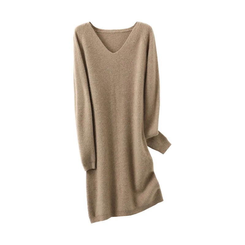 Tailor Sheep 100% Merino Wool Knitted Sweater Women Dress Winter/Autumn V-Neck Female Knee Length Dresses Long Thicken Jumper