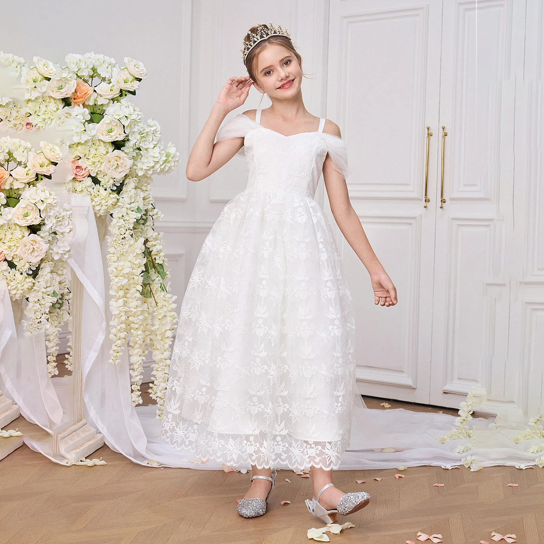Elegant White Bridesmaid Party Girl Dress Fashion Tulle Wedding Baptism Birthday Prom Dress First Communion Princess Kid Clothes view 3