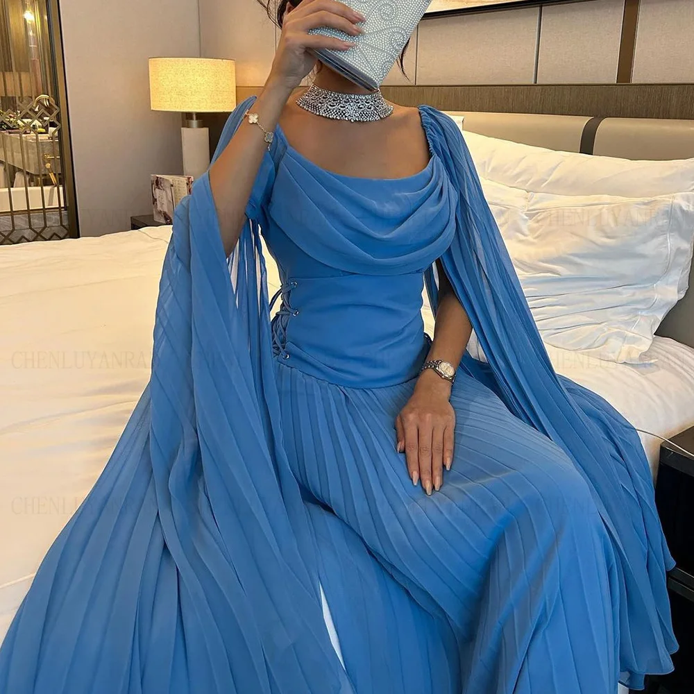 Chiffon O-Neck Formal Occasion Dresses 2023 Full Sleeves Simple Party Dress Ankle-Length Pleat Evening Gowns فساتين حفلات