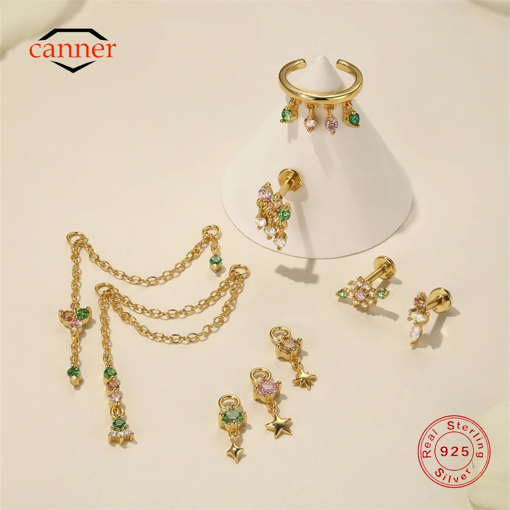 

CANNER 925 Sterling Silver Colored Zircon Eight Pointed Star Piercings Chain Charm For Women Tassel Flower Piercing Earrings