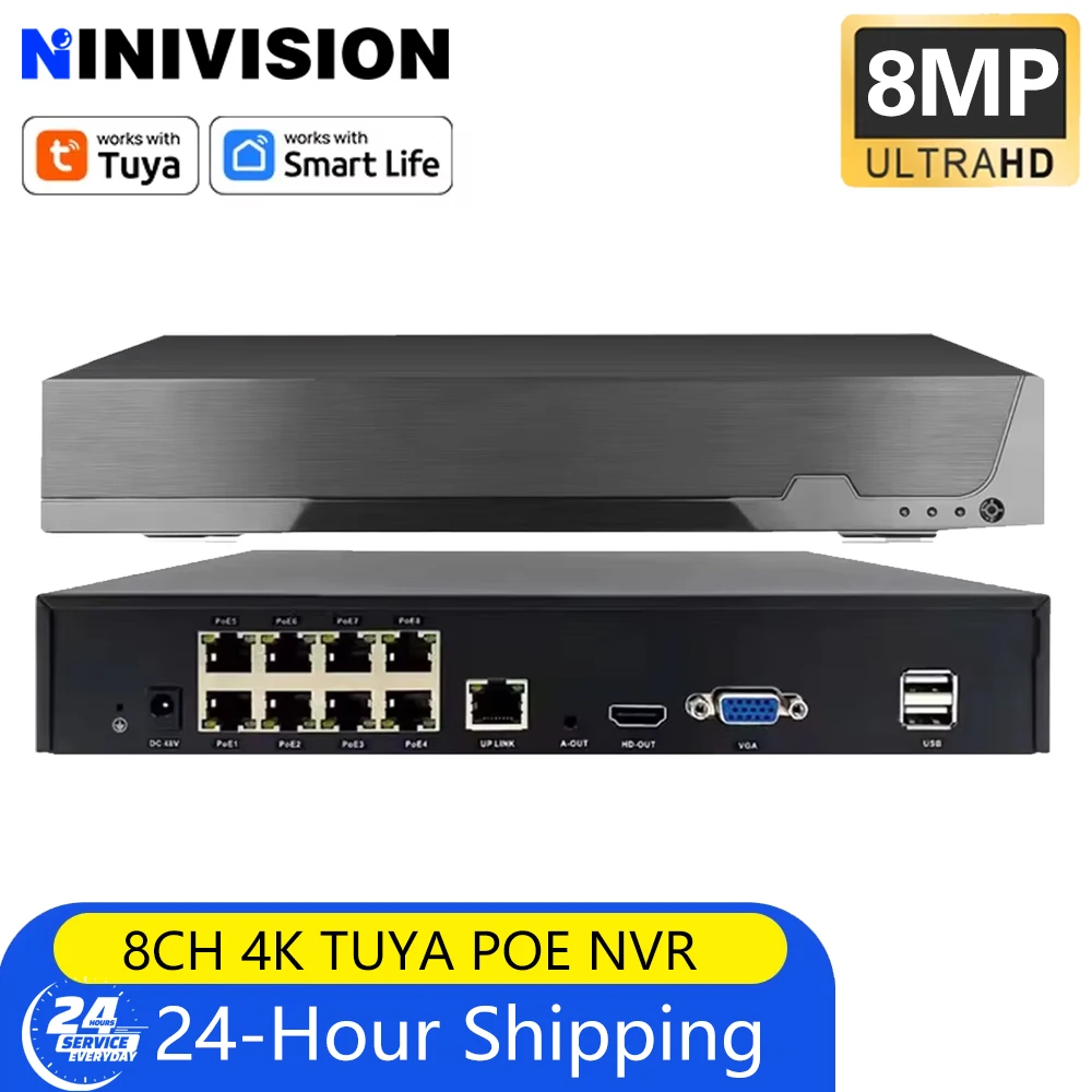 Tuya Smartlife 8Channel Security Recorder POE NVR 4K 8CH Surveillance Video Recorder Security Camera Human Detection 24/7 Record