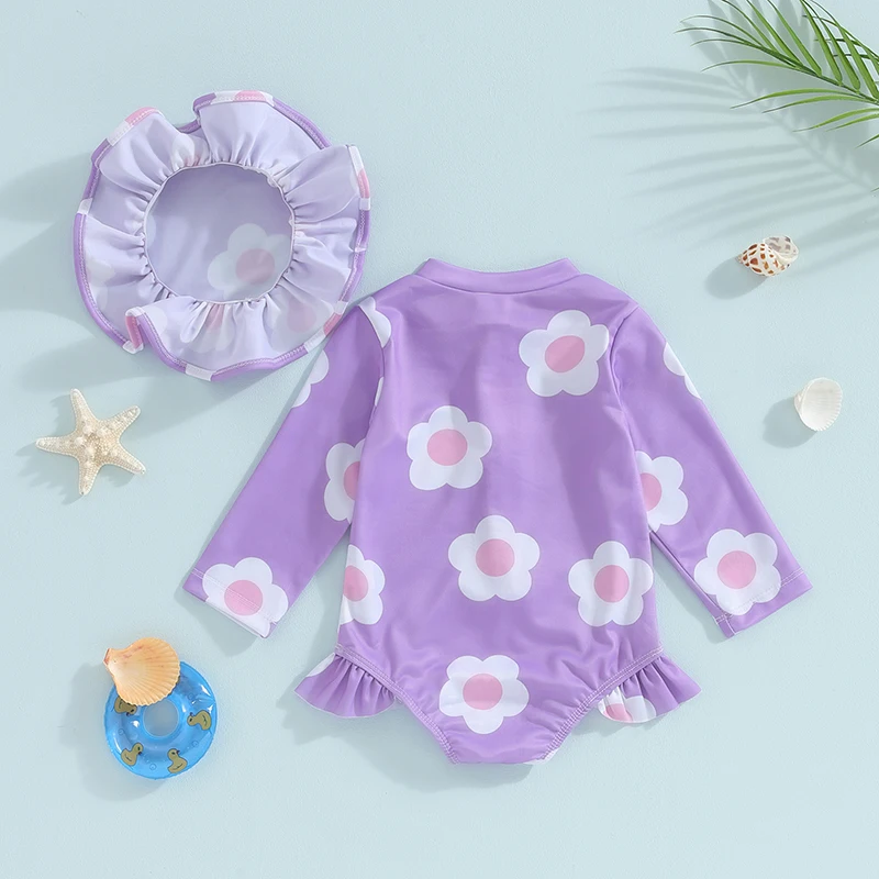 Maillot de bain à manches longues pour bébé fille, motif floral, protection solaire, trempé avec chapeau, pour la plage