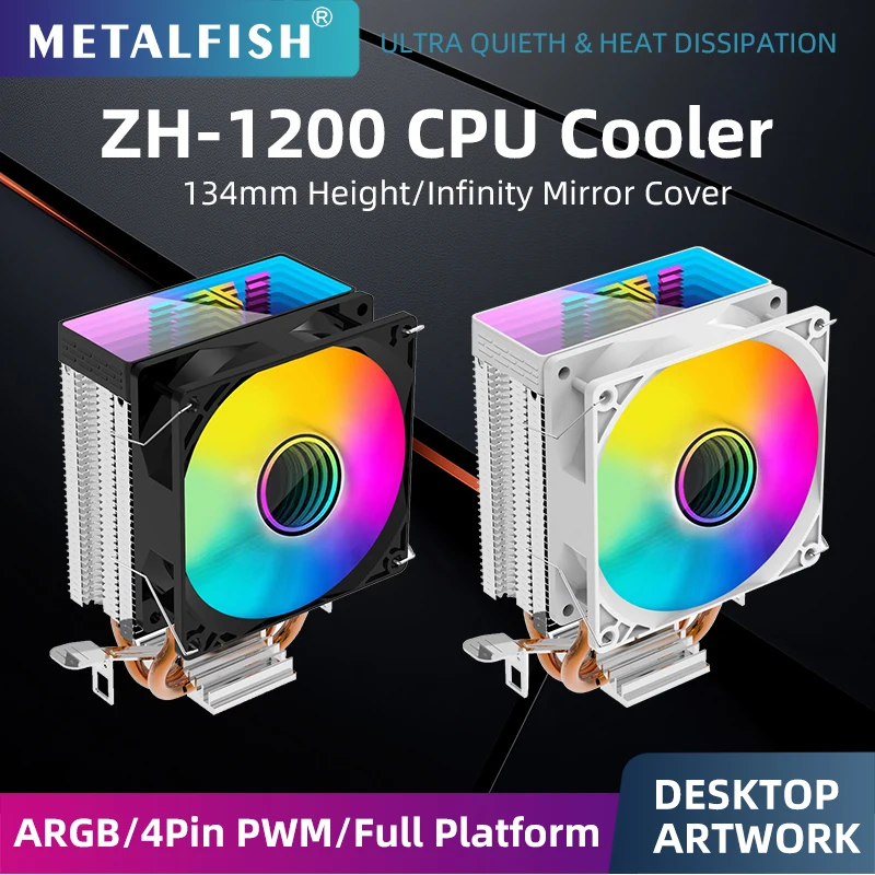 METALFISH ZH1200 CPU Cooler 2 Heatpipes  4PIN PWM Silent Fan For Intel 1700 1200 1150 1155 1156 1366 2011 AM5 AM4 AM3 x99 x79