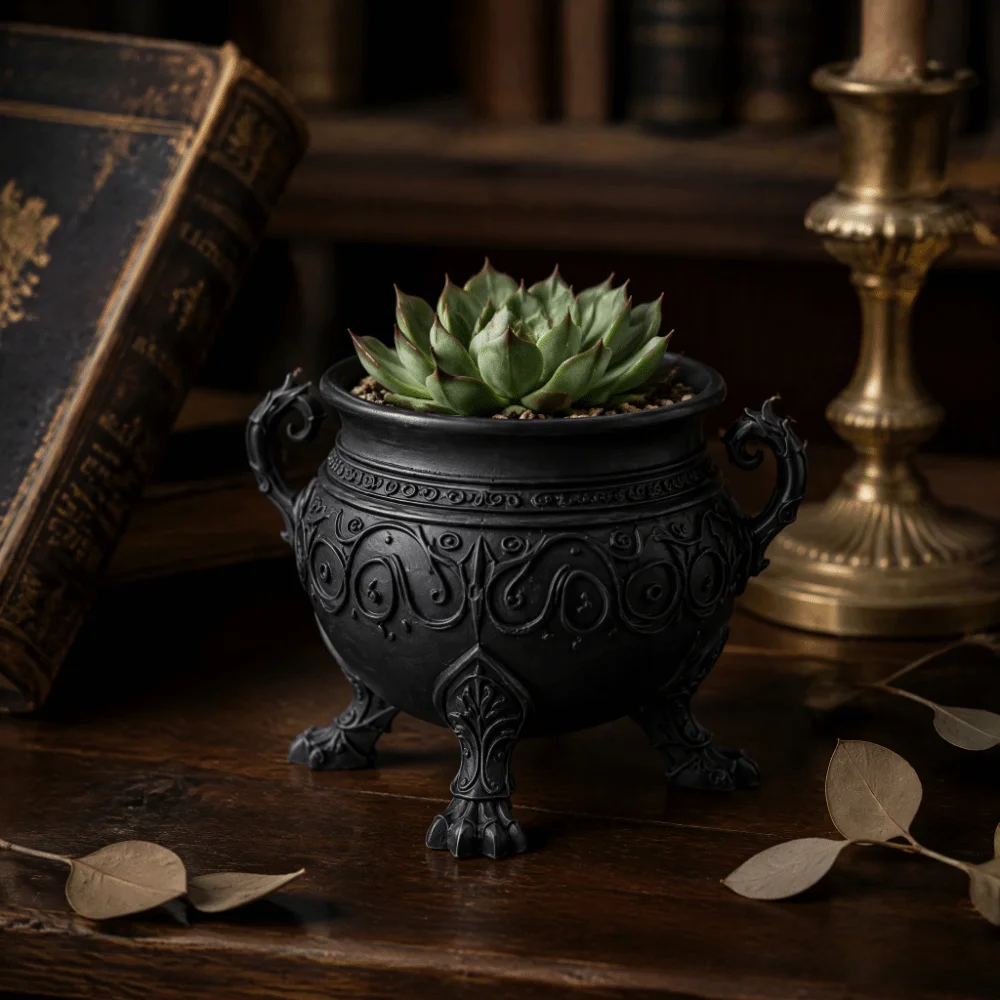 3D Printed Gothic Cauldron Planter Pot with Three Legged Dual Curved Handles Cauldron Storage Pot Dark Aesthetic Plastic