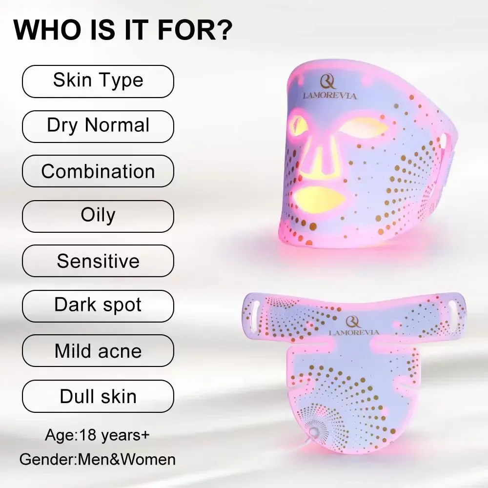 LAMOREVIA Rechargeable & Bendable Silicone LED photo Care Mask With Infrared Light 850nm,630nm Light Therapy Anti Acne Aging