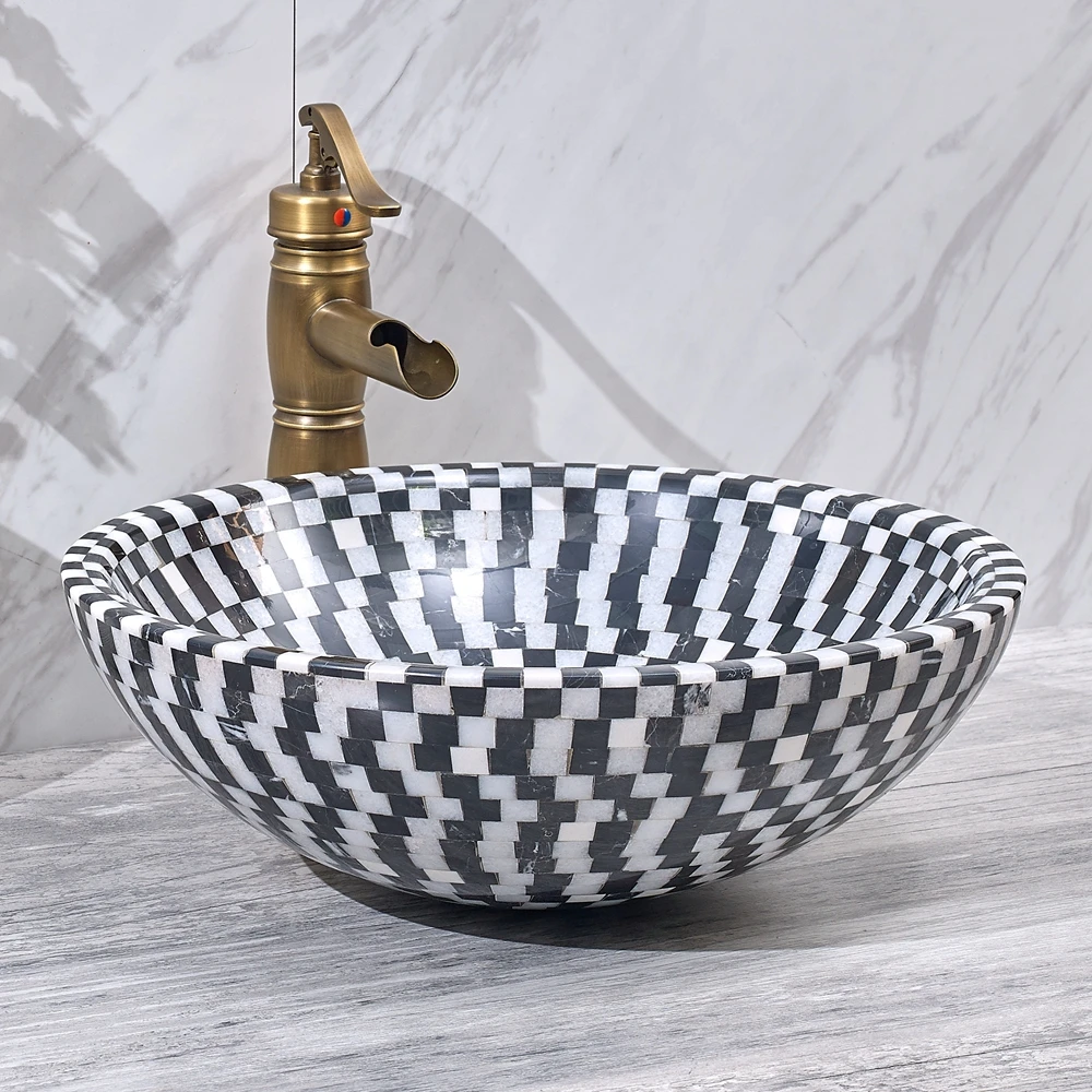 %r Marble Stone Mosaic Sink Popular White and Black Stone Combination Counter Bathroom Sink Wash Basin Round Shape Basin Sink