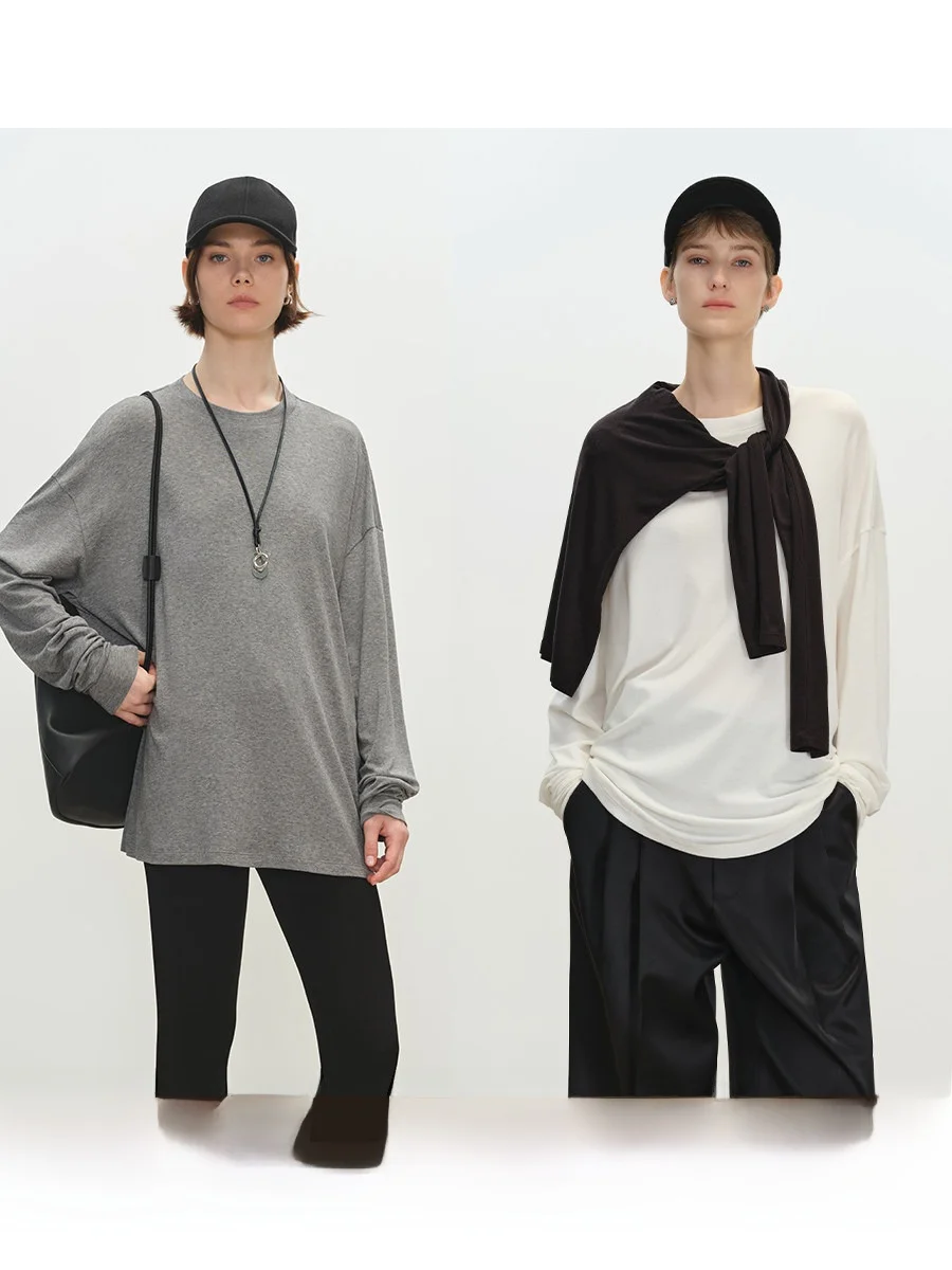 

MSBEAST Gold Wool Camere Modal Loose Fit Long Sve Top Skin-friendly Lazy Sle round Ne T-irt for Women