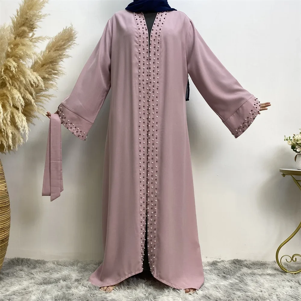 Solid Open Abaya Dubai Turkije Moslim Vest Kaftan Kralen Lace-up Jurken voor Vrouwen Casual Kimono Femme Caftan Islam kleding
