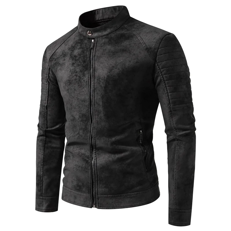 Otoño Invierno transpirable sólido a prueba de viento hombres abrigo nuevo Casual chaqueta de cuero Retro moda al aire libre versátil Stand Collar Tops