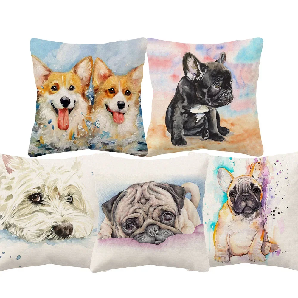 Pug Dog Tiger Animal Hand Painting Cushion Cover Beige Linen Throw Pillowcase Decorative Pillows For Sofa