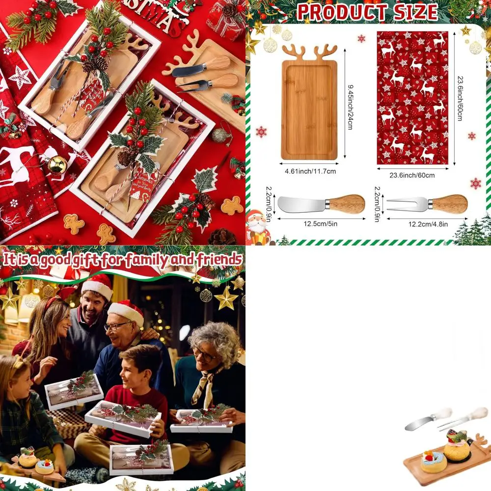 

Christmas Reindeer Cutting Board Set with Bamboo Serving Tray, Knives, Forks, Kitchen Towels, and Gift Tags for Festive Celebrat