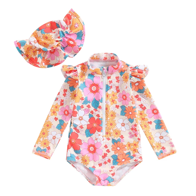 Toddler Baby Girl  Swimsuit 0 6 9 12 18 24 Months 2T 3T 4T 5T 6T 7T Long Sleeve Rash Guard Bathing Suit