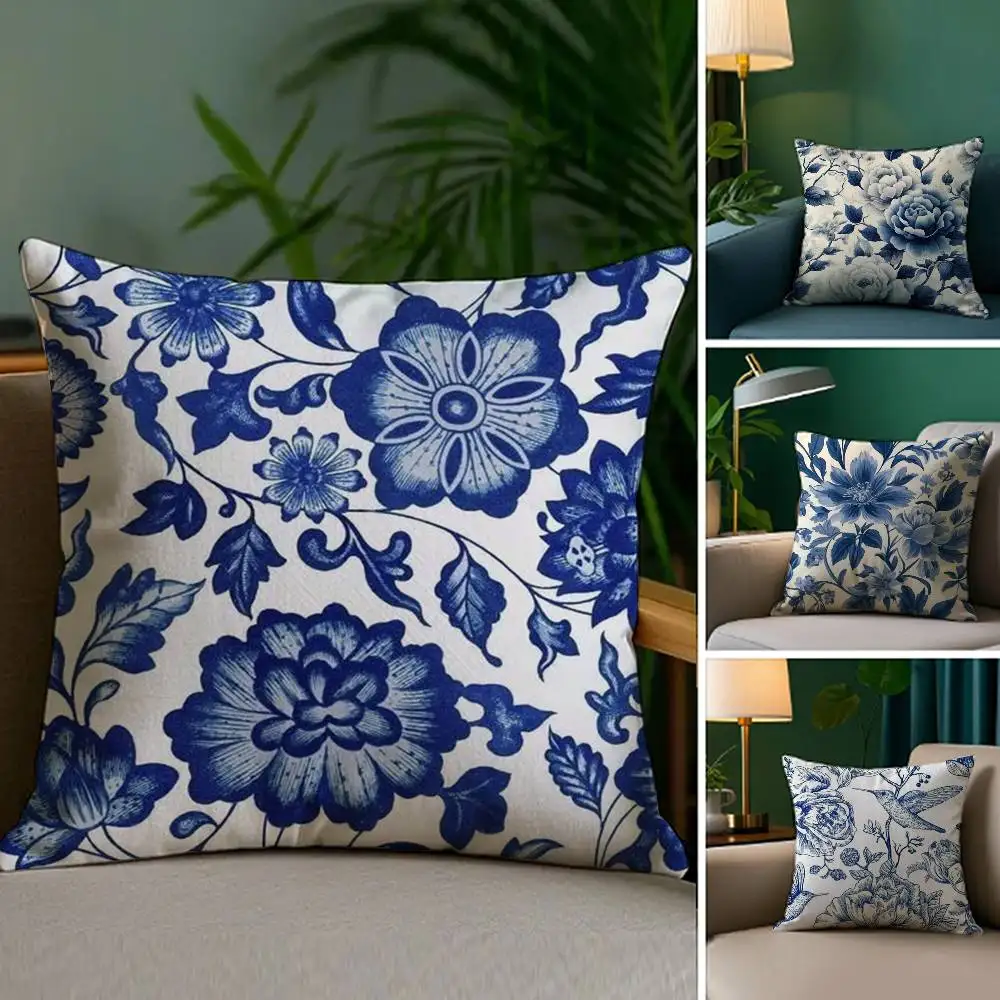 

Blue And White Porcelain Pillow Case Plush Fabric Soft Double Sided Print Sofa Cushion Cover Throw Pillow Covers