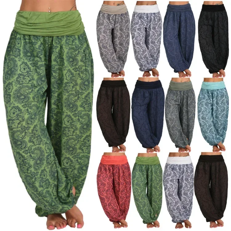 Celana Harem Bohemian wanita, celana panjang kaki lebar pinggang elastis, celana capri longgar wanita Streetwear cetak Vintage