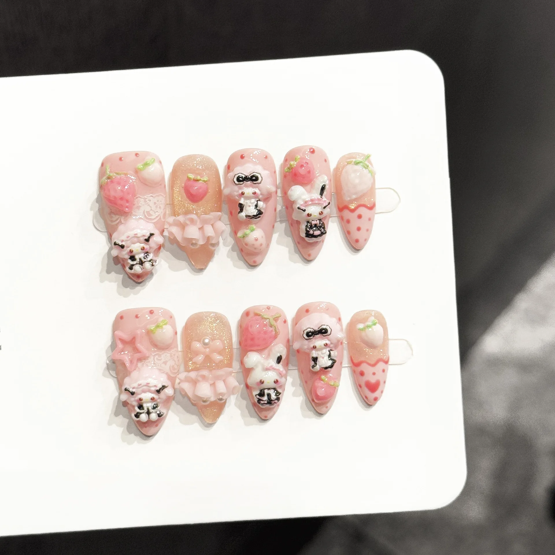 

10pcs Pink Strawberry Handmade Nails Sweet Bunny Skirt Flower Press on Nail Medium Almond Fake Nail for Women&Girl False Nail