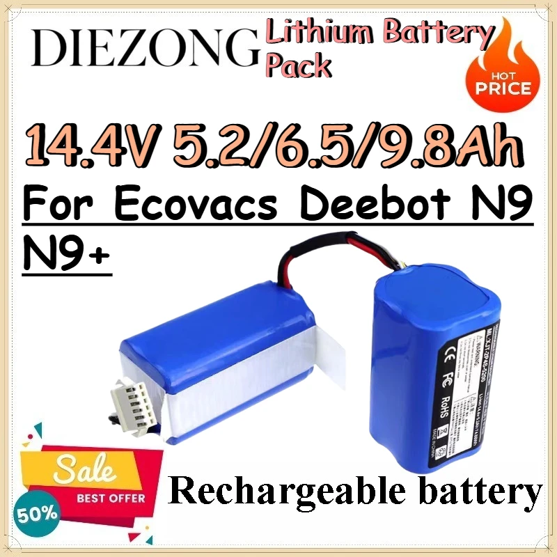 14.4V 5.2/6.5/9.8Ah Lithium Battery Pack for Ecovacs Deebot N9 N9+ Replacement Lithium Battery for Sweeping Robots DVX45 K10 K20