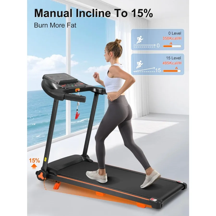 جهاز مشي مع مائل، جهاز مشي قابل للطي بقوة 3.0 حصان للمنزل مع مائل 15%، سعة 7.5 ميجا في الساعة 300 رطل، معدات تمارين منزلية